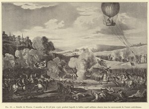フルーラスの戦い、第二次世界大戦中の8日目（1794年6月26日）、軍用の捕虜となった気球がオーストリア軍の動きをすべて観察しているところ（エングレーヴィング 作： French School