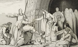 バチルダは貧しい人々にお金を寄付する、コラートの「フランスの歴史」から1840年頃出版 作： French School