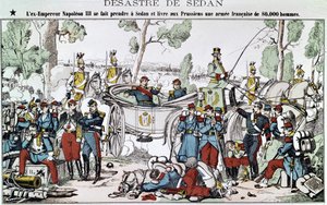 1870年のセダンの戦い。前皇帝ナポレオン3世はセダンで捕まり、8万人のフランス軍をプロシア軍に引き渡した、脊髄のイメージ。 作： French School