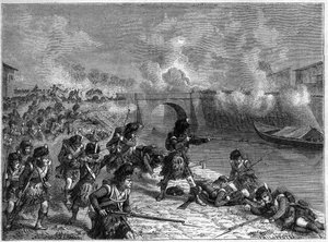 トゥールーズの戦い：ウェリントン率いるイギリス軍とスペイン軍によるフランス軍との最後の戦い 1814年 - Battle of Toulouse 1814年4月10日、マレシャル・ソウルトが指揮する帝国軍の部隊とアングロ・ヒスパノ・ポルトの部隊との間の戦い。 作： French School