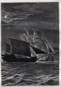 スワロー号とマレーシアの海賊船の戦い：フィリップ・カータレット（Philippe de Carteret）（1733-1796）のスワロー号は、1767年にインドネシア海域でマレーシアの海賊船と戦った-イラストは "The Great Mariners of the 18th century "より 作： French School