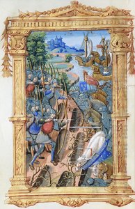 射手と騎兵の間の戦闘シーン、城と船、c.1495-1500 作： French School