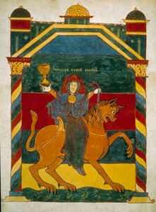 獣と女、その上に座る金持ちの売春婦。775年にリーバナの修道士ベアトゥスによって書かれた『聖ヨハネによる黙示録』の注釈書から引用されたミニチュア。 作： French School