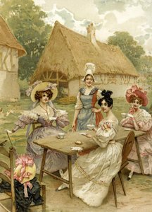 農場でお茶を飲んでいる美しい豊かな女性。 作： French School