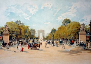 ベル・エポック：パリのシャンゼリゼ通りと凱旋門の眺め。1895年の匿名の水彩画。パリ、装飾美術 作： French School