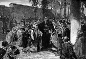 1880年10月30日、パリのサント通りにあるカプチン会の宮廷で行われた信徒たちのベネディクト。1880年3月にジュール・フェリーによって出された、無宗教のメンバーを教える権利を排除するという命令を受けて追放される前のこと。 作： French School