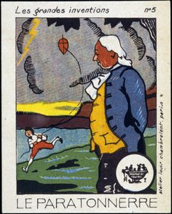 ベンジャミン・フランクリン（アメリカの政治家・物理学者）（1706-1790）と避雷針（凧の経験） - ラベル、デブ。20世紀 作： French School