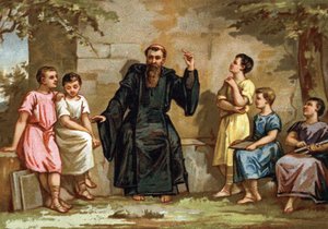 ローマ貴族の子供たちに自分のルールを教えるBenoit de Nursie（聖ブノワ）（480-547）。19世紀末のクロモリトグラフ。 作： French School