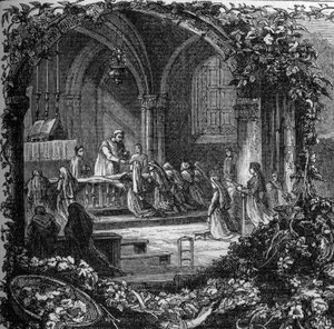 初聖体拝領中のベルナデット・スービロウス（1844-1879）。19世紀（1858年以降）。アンリ・ラセールの「ノートルダム・ド・ルルド」に掲載されているエングレーヴィング 作： French School