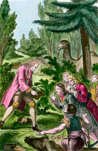 1734年、パリの植物園にレバノン杉を植えるベルナール・ド・ジュシュー（1699-1777）。18世紀のエングレーヴィング。 作： French School