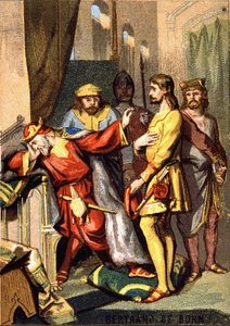 イングランドのヘンリー2世（1133年～1189年）の前にオートフォールの領主となったトルバドゥールのペリゴーダン、Bertran (Bertrand) de Born（1140年～1215年）。シリーズ「映像による愛国教育」のクロモリトグラフ。 作： French School
