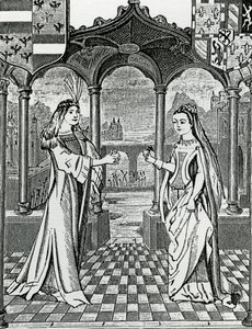 マクシミリアン1世とメアリーの婚約者、1477年のブルゴーニュ公爵夫人、クロニクドフランドルでの画像後 作： French School
