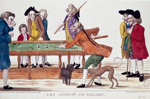 ビリヤード選手（革命暦8年のテルミドール）（1800年）。漫画。革命期のフランス派のカラーエングレーヴィング。パリ、カルナヴァレ美術館 作： French School