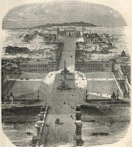 コンコルド広場、ロワイヤル通り、マドレーヌ教会の鳥瞰図 - Edmond Texier 1852年の "Tableau-de-Paris "のエングレービング