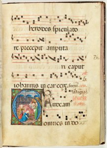聖母の誕生」 階段譜 f.76 （羊皮紙にインク、テンペラ、金箔 作： French School