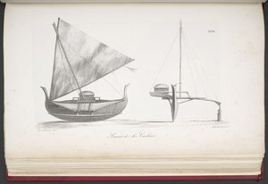 アメリカ、アジア、アフリカ、大洋の島々からの野蛮人の肖像画とともに、世界一周の絵のような航海から、キャロライン諸島からのボート。 風景、海の景色、いくつかの自然史オブジェクト。 一緒に 作： French School