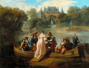 シャトーの湖でボートに乗る 17世紀のフランス派の絵画個人蔵 作： French School