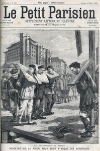 1898年、中国で勃発した義和団の乱。ヨーロッパ人を攻撃して投獄された反乱軍。1898年の "Le petit parisien "の表紙。 作： French School