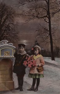 雪の中、手紙を投稿しようとしている男の子と女の子 作： French School
