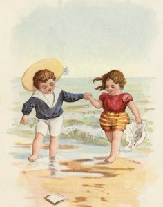 男の子と女の子がビーチで遊んで 作： French School