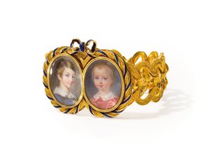 2つのミニチュアをあしらったブレスレット、Morel & Cie、1845年頃（アイボリーに金、エナメル、水彩画 作： French School