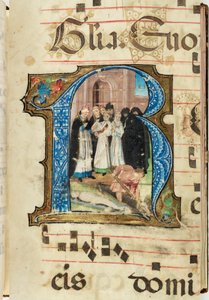 埋葬シーン、段階的、f.86（羊皮紙にインク、テンペラ、金箔） 作： French School
