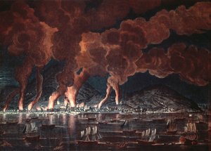 キャップフランセの町の焼け、サンドミンゲ（ハイチ）、1795（色の彫刻） 作： French School