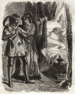 扉を持ち上げて、夫に自分の妻が裸で横たわっているのを見せた。ヴァロワ家のオルレアン公ルイ1世（1372-1407）は、ラウル・ドクケトンヴィルに、ベッドの上で花魁が待っていると思わせた。実際には彼の妻であるヨランド（マリエット）・ダンギアンであった。 作： French School