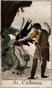 カドモス（KadmosまたはCadmus）がドラゴンを殺す（Cadmus fighting the dragon）。ピエール・ブランシャール1803年の「青少年の神話」より。 作： French School