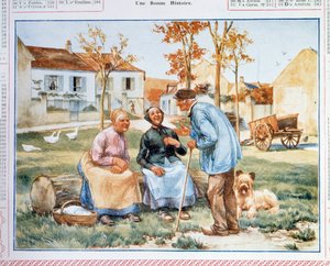 3人の農民が話し合うPTT（郵政省）のカレンダー。20世紀 作： French School
