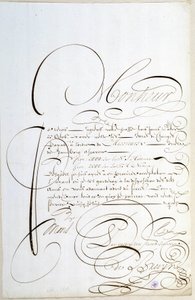 カリグラフィー。1678年頃にフランソワ・ドゥ・ブルインが書したアカウントレター。 作： French School
