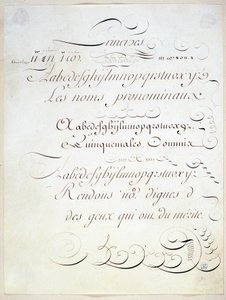 カリグラフィー。アンドレ・タルデューが18世紀末に書いた3つのフランスの書物の原理を表した手稿作品。 作： French School