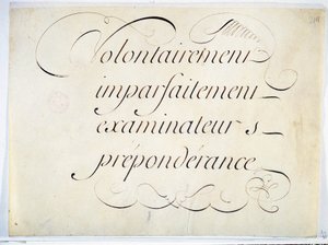 カリグラフィー：アンドレ・フランソワ・ロランによる1670年頃の写本作品。"intentionally, imperfectly, examiners, preponderance "の略。 作： French School