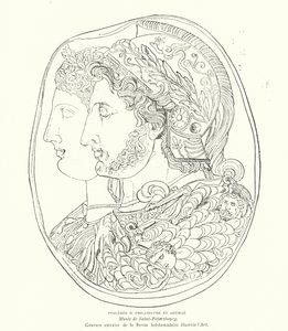 古代エジプトのファラオ、プトレマイオス・フィラデルフスとその妻アルシノエのカメオ（紀元前3世紀）（銅版画 作： French School