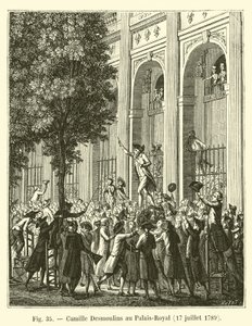 1789年7月17日、パレロワイヤルでのカミーユデスムーラン 作： French School