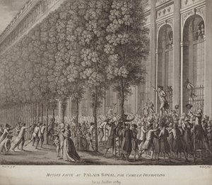 パリのパレ・ロワイヤルで民衆への呼びかけを行うカミーユ・デムーラン 作： French School