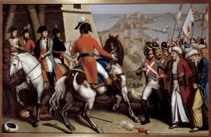 エジプトのキャンペーン（遠征）（1798年〜1801年）。「ナポレオン・ボナパルト（1769-1821）、1799年5月20日の包囲戦でサン・ジャン・ダクレへ」 匿名の絵画 作： French School