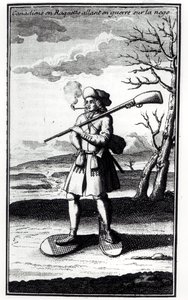 1753年に出版されたバックヴィルドゥラポテリー（1663-1736）による歴史的歴史の中のスノーシューで雪と戦うカナダ人 作： French School