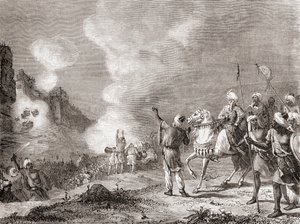 1274年、モロッコのシジルマサ攻防戦で、スルタンのアブ・ヤクブ・ユスフが攻城機として使用した大砲（1870年頃に出版された「科学のメルヴェイユ」（Les Merveilles de la Science）より）。 作： French School