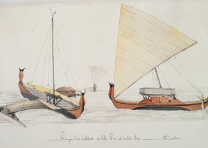 ピス島とイロス島（カロリン諸島）の住民のカヌー（ジュール＝ルイ・ルジューヌの水彩画、『デュペレイの航海』より）。 作： French School