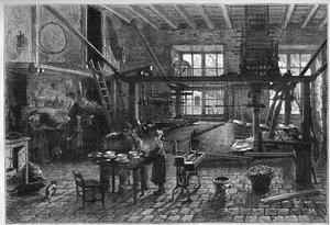 カヌート工房。19世紀末の危機にあったリヨンの絹織物工房の内部。1877年3月10日付「Le Monde Illustré」1039号に掲載された図版。 作： French School
