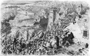 1590年のファルネーゼによるラグニーの攻略、古い版画による。Histoire Populaire de la France", sd. circa 1885.エングレーヴィング。