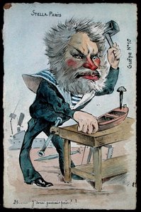 海軍大臣カミーユ・ペレタン（1846-1915）の風刺画（1902年頃に出版された「Guepe」シリーズより）（手彩色の彫刻版 作： French School