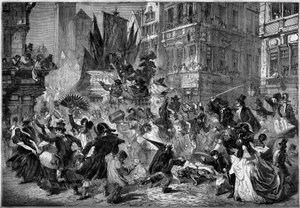1860年、アントワープ（ベルギー）の街角でのカーニバルの様子。1860年3月3日付 "Le Monde Illustré "151号に掲載された版画。