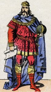 カロリング王朝。800年から814年の間、大帝やシャルルマーニュ（Carolus Magnus, 742-814）と呼ばれたシャルルの肖像。19世紀末のエピナル画像。個人蔵。 作： French School