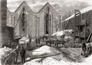 ロンドンのリンゼイ・ハウスにあるチャールズ氏の氷倉庫で氷を運ぶ荷車（1866年発行の「L