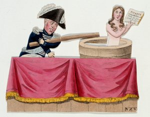 国王シャルル10世（1757-1836）が1830年7月に報道の自由を廃止した際に憲法憲章を否定するギニョールの姿を描いた漫画（サン・クラウド条例）。1830年頃のエングレーヴィング。パリ、カルナヴァレ美術館 作： French School