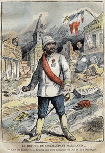 アフリカでの探検任務（1896年～1899年）から帰国した司令官Jean-Baptiste (Jean Baptiste) Marchand (1863年～1934年)のToulonでの漫画。Le Pelerin」1899年4月6日号に掲載された版画。 作： French School