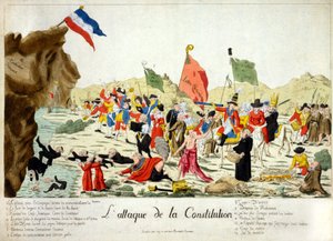 様々なグループのメンバーが、「フランス憲法」と書かれた岩を攻撃している漫画。コピーの下にはグループ名と番号が記されている。1792 作： French School