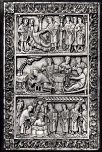 聖レミギウスの生涯（c.437-533）とクローヴィス1世の洗礼（465-511）の場面を描いた本の表紙に彫られた額 作： French School